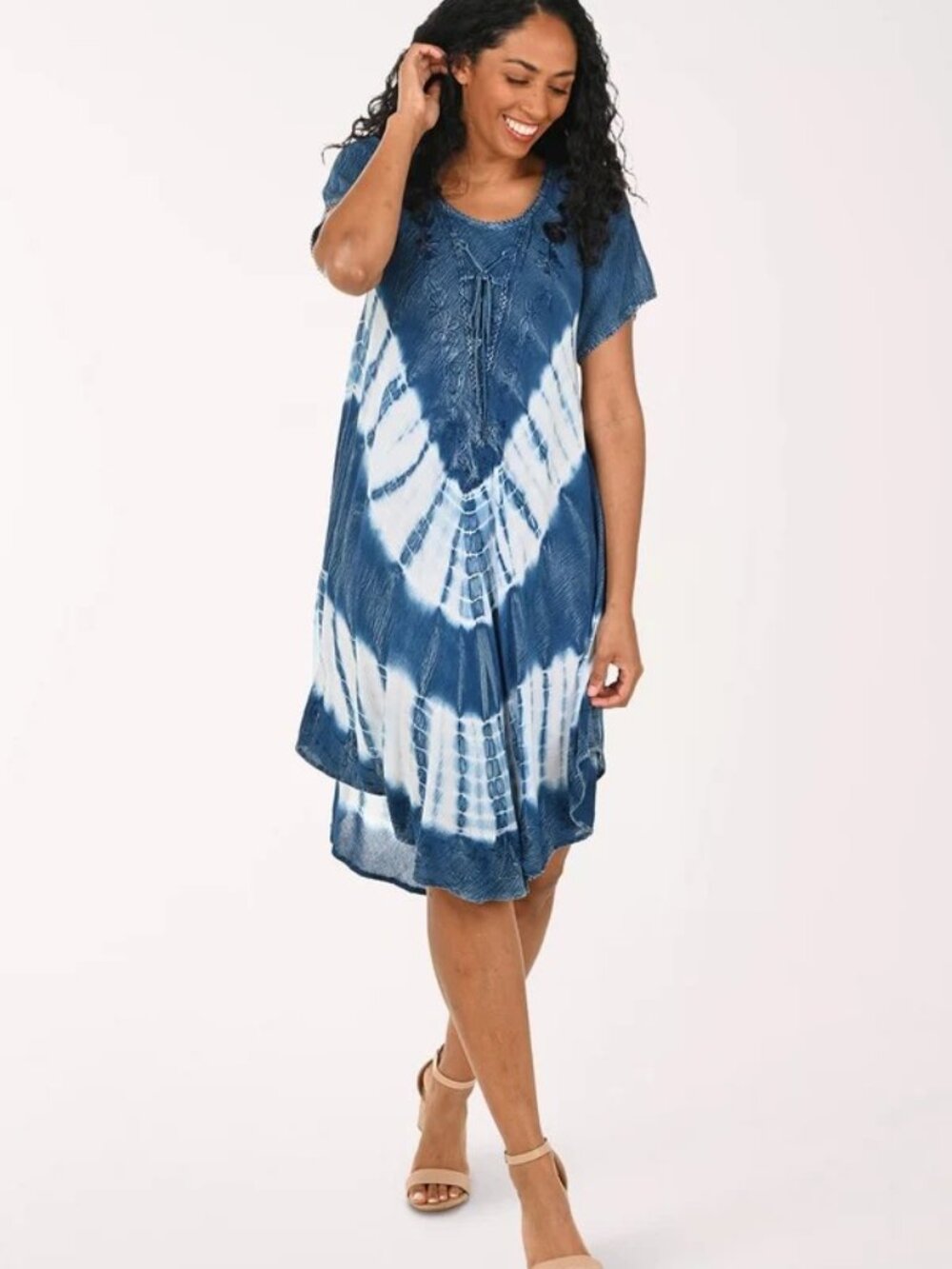 Rich Indigo Tie-Dye Meets Boho Charm Raya Sun Indigo Tie-Dye Lace-Up Dress, NWT.